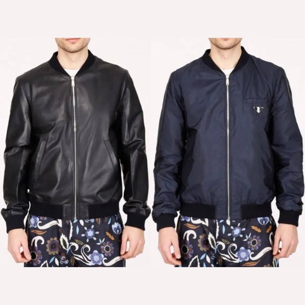 Prada Black Reversible Leather and Nylon Bomber Jacket